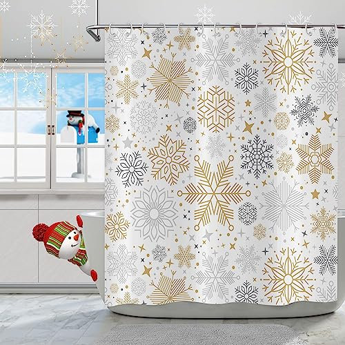 Hnmdmyi Duschvorhang Weihnachten 180x200, Grau und Gelb Schneeflocke Winter Xmas Holiday Happy New Year Weißes Bauernhaus Badewanne Vorhang Wasserdicht Polyester Stoff Waschbar Badevorhang mit Haken