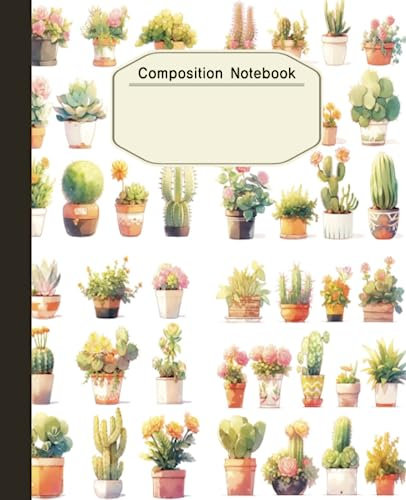 Cactus pot Vintage Garden Composition Notebook College Ruled: Whimsy in Cactus Gardens, Vintage, Plant Illustration, Weekend, 110 Cream Colored Pages