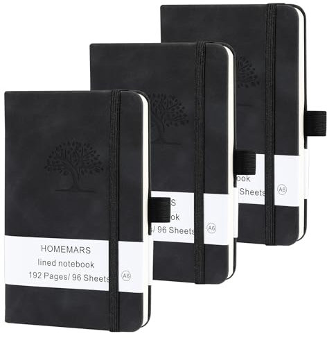 HOMEMARS Notizbuch A6, 3 Stück Notizbücher Set, 14.4cm x 9.6cm Notizblock, Schwarz, 192 Seiten, Notizheft, Notizblock a6, Journal, Reisetagebuch, Notizbuch Leder, Prägebaum Design
