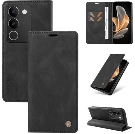 Beajew kompatibel mit vivo V29 5G Hülle [Mit 2 Stück Panzer Schutz Glas] Premium Leder Stoßfest Schutzhülle Kartenfach Klapphülle Handyhülle für vivo V29 5G, Schwarz