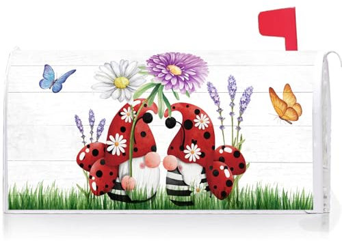 Texupday Marienkäfer-Zwerge, Blumen- und Schmetterlings-Dekoration, Briefkasten-Abdeckung mit Magnetstreifen, Frühling-Sommer-Briefkasten-Abdeckung, Standardgröße 53,3 x 45,7 cm, für Garten, Outdoor,