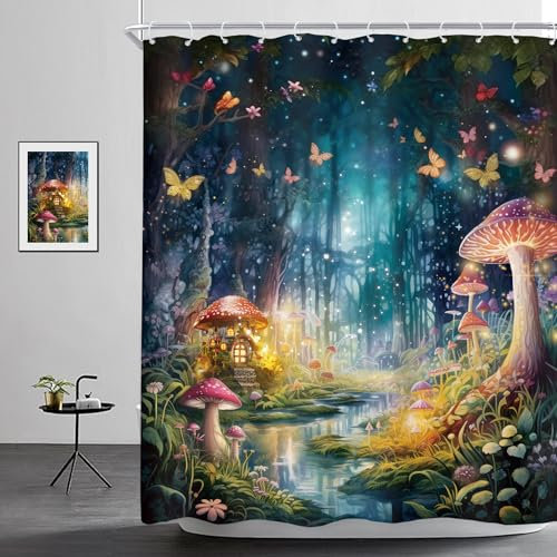 Riyidecor Fantasy Duschvorhang, Feengarten, Pilz, verzaubertes Wunderland, Holz, Märchen, Baum, magischer Wald, Schmetterling, Blumenmädchen, Badezimmer, Dekor, Polyester, wasserdicht, 12 Haken