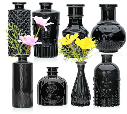 Brajttt Schwarzes Blumenvasen-Set, Glasvasen in Großpackung, künstlerischer und kultureller Geschmack, Mini-Vasen für Zuhause, Büro, Schlafzimmer, Büro, Wohnzimmer, Hochzeit, 8 Stück