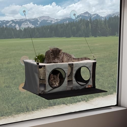 K&H Pet Products EZ Mount Cat Window Perch Penthouse Kitty Sill with Cat Grass Grow Station - 2 Level Hammock Window Bed for Indoor Pets, Home Grown Grass Cat Toys for Bored Indoor Adult Cats