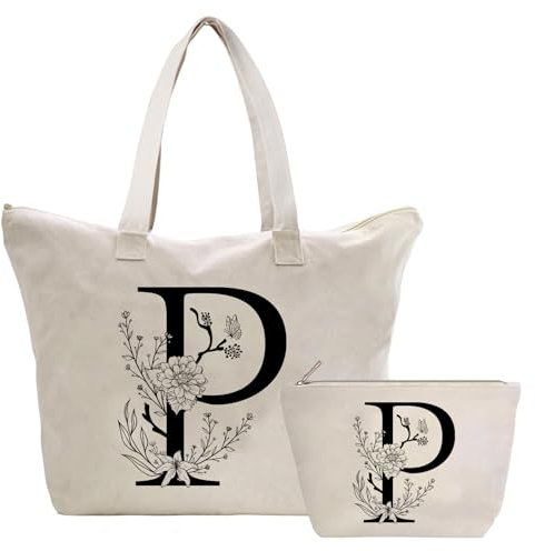 Personalizadas Bolso Tote de Mujer con Inicial, Bolsa de lona con Bolsillo Interior, Bolsa de Compras con Bolso de Cosméticos, Regalos para Damas Mejor Amigas Mamá, Regalo Cumpleaños Navidad P