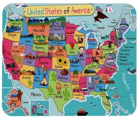 VAPOKF Gaming Mouse Pad, Cartoon USA Map Prints Mouse Mat for Desk Home Office, Non-Slip Rubber Base Keyboard Pad, Laptop Desk Pad Mousepad
