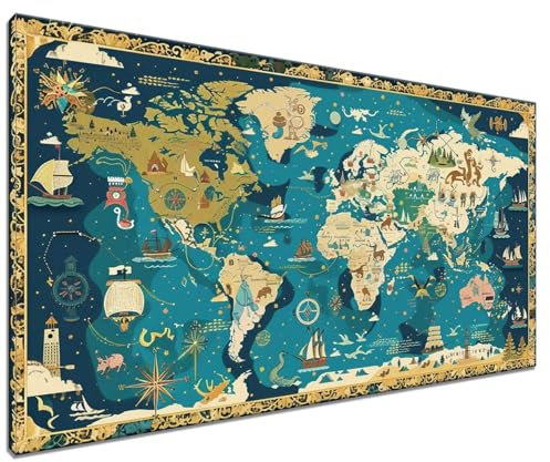 Malen Nach Zahlen Retro, DIY Malen nach Zahlen Weltkarte für Anfänger und Erwachsene, Bastelset Erwachsene Paint by Numbers Ölgemälde mit 3 Pinsel, Acrylfarbe für Wanddeko (Ohne Rahmen) 50x70cm U-3