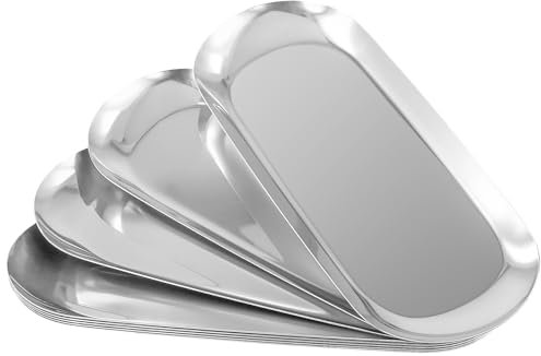 JIEHIN 8 Stück Metall Oval Tablett Silber, 23 x 9,5cm Edelstahl Deko Tablett Kleine Serviertablett Dekoteller Edelstahl Ablageschale Metall für Schmuck Kerzen Kosmetik Dessert