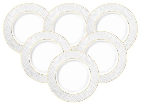 Wilmax - Assiettes avec motif doré - 6 pièces - Ø 28 cm - plates en porcelaine blanche - Assiettes de table - Lavables au lave-vaisselle - Assiettes à petit-déjeuner - Assiettes à dessert