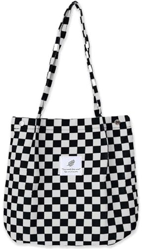 Bikasun Groß Umhängetasche Damen Cord Schultertasche Strandtasche Cord Tasche Crossbody Tasche Shopper Tote Bag Einkaufstasche Handtasche Shopper für Einkaufen Schule Schachbrettmuster