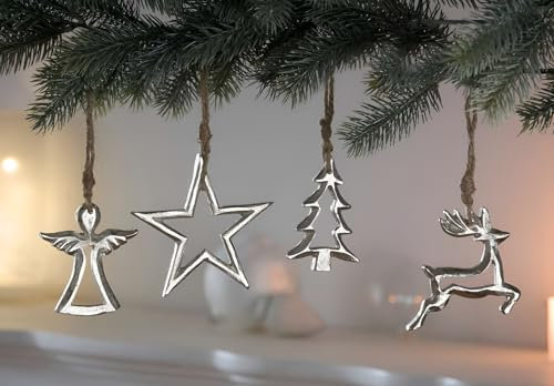 Dekoleidenschaft 4X Dekohänger Silber aus Aluminium im Antik Design, Weihnachtsbaumschmuck, Christbaumschmuck
