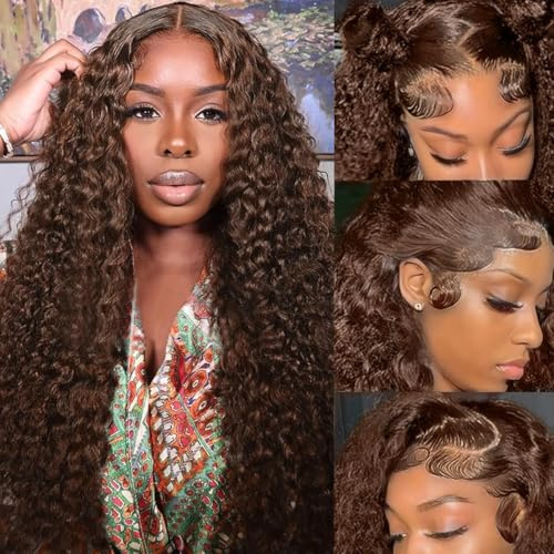 Rebasar Lace Front Wig Deep Wave 13x4 Lace Wig Human Hair 26 Zoll Brown | Ear to Ear Lace Frontal Wig for Woman Menschen Perücken Locken Braun Echt Haar Perücke Curly 150% Density Chocolate Brown