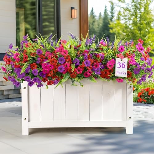 Alupssuc 36 Bundles Artificial Flowers Outdoor, UV Resistant Eucalyptus Violets and Lavender Silk Fake Flowers and Plants, for Home Garden Porch Window Wedding Decorations, Red Rose Purple