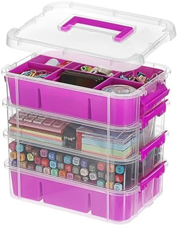 IGNPION Stackable Storage Box, 4 Layer Adjustable Plastic Storage Box with Carrying Handle Transparent Organizer Containers for Arts and Crafts Toys Sewing Accessories (Purple)