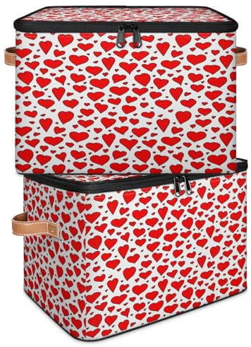 Grande cesto portaoggetti con stampa a forma di cuore, con coperchio con cerniera, pieghevole, organizer per la casa, per vestiti, camera da letto, soggiorno, 2 pezzi