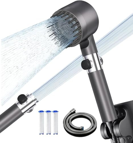 pommeau de douche haute pression,pommeau douche,douche filtrée,avec flexible de douche de 1,5 m et support de douche,4 modes d'eau, avec brosse de massage,douchette à main avec bouton marche/arrêt