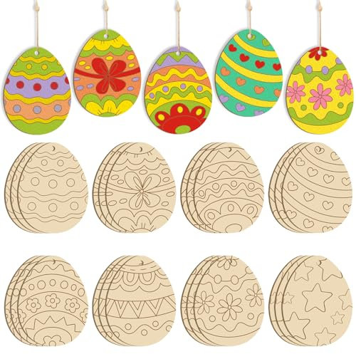 24 Stück Holzanhänger Ostern Basteln Kinde, DIY Unvollendete Ostereier zum Holz Anhänger für Kinder Ostereier