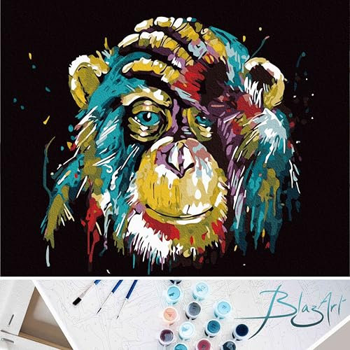 BlazArt Peinture par numéro adulte - Animaux - kit complet DIY débutant | Prêt à accrocher 40x50 cm | Toile tendue, 3 pinceaux, peinture, accroches et chevalet DIY (Singe penseur)