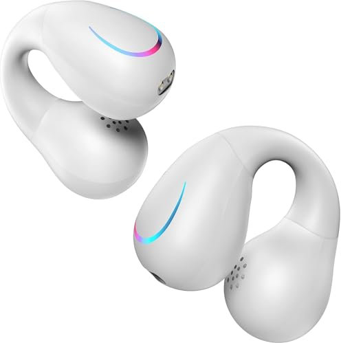 SHIJIAET Open Ear Bone Conduction Headphones Bluetooth 5.3 Wireless Open Clip Ear Earbuds Built-in Mic with Ear Hooks 60 Hours Playtime Sport Earphones IPX7 Waterproof for Fitness Running (White)