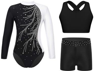 iiniim 3tlg.Mädchen Turnanzug Glitzer Gymnastikanzug Langarm Ballettanzug Gymnastik Leotard + Sport BH Tops + Shorts Turntrikot Wettbewerb Tanzkostüm A Weiß 122-128
