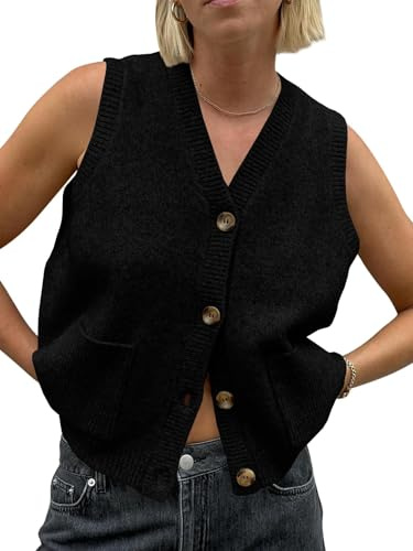 Saodimallsu Pull sans manches pour femme, coupe ample, gilet tricoté, boutonné, col en V, tendance, décontracté, cardigan avec poches, Noir , L