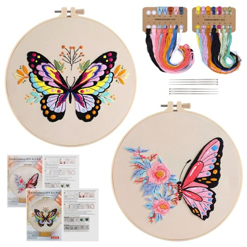 Stickrahmen Set,Stickset für Anfänger,Schmetterling Stickset Embroidery Kit | 2 Stück Stick Set mit Stickrahmen Stickgarn Nähnadel Anleitung, Blumen Handstickerei Sticken für Anfänger