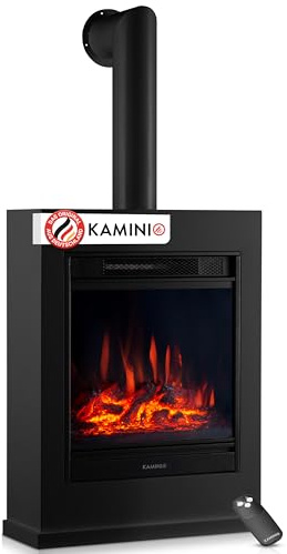 KAMINIO Elektrokamin Kalle mit Ofenrohr - Elektrischer Standkamin mit Heizung, 3D-Flammeneffekt, Fernbedienung (Schwarz)