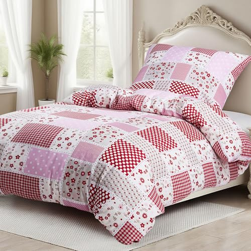 KACEMOO Bettwäsche 140x200, 100% Baumwolle, Bettwäsche-Sets Oeko-TEX Bedding mit Reißverschluss Bettbezüge Atmungsaktiv & kuschelig, Bettbezug 140x200 + Kissenbezug 65x100, Karierte Blumen