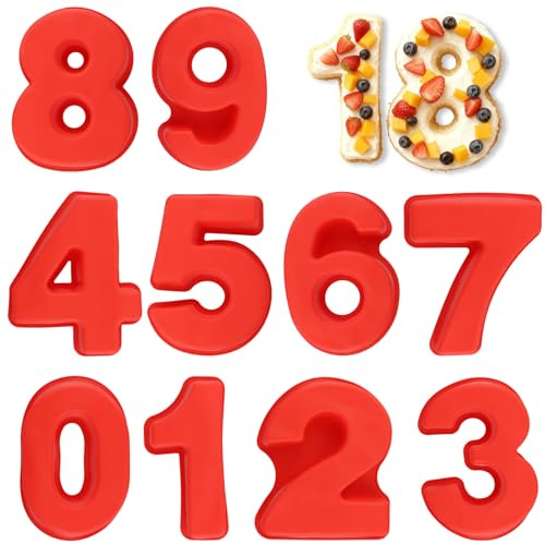 FUNSUEI 10 Stück 10 ZOll Silikon Zahlen Backform Set, 0-9 Zahlen Rot Kuchenform, Zahlenbackform Groß für Kuchen, Geburtstage