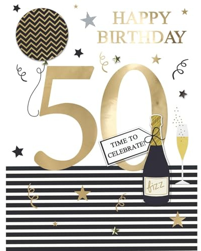 SECOND NATURE Large Embellished A4 50th Birthday Greeting Card Time To Celebrate! 50 Today - All For One Elegant Design, Gold Foil, Handmade, Memorable Keepsake, Eco Friendly