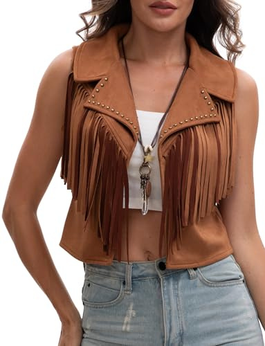 FEOYA Damen Quaste Weste 70er Hippie Faux Wildleder Nieten Fransen Jacke Ärmellos Vintage Cowgirl Cardigan Open Front Boho Weste