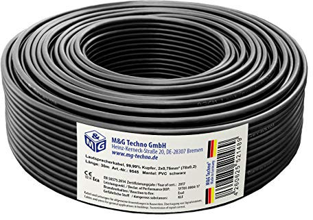 M&G Techno 30m Lautsprecherkabel (Single-Wire) 2x0,75mm² echtes Kupfer rund Schwarz, mit Metermarkierung. Made in Germany