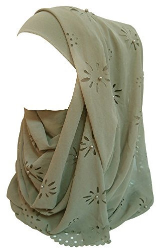 Lina & Lily Chiffon Hijab Kopftuch Schal mit Blumen und Perlen für muslimische Frauen (Grau)