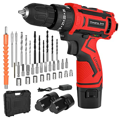 Vothen Trapano Avvitatore Batteria,34 Pezzi Trapano Elettrico, 2 X 2000 mAh Batterie al litio, 35 Nm Max, Cordless Pistol Drill Plastic Box 34 Pieces