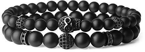 COAI Totenkopf Charm Armband mit Layering Kette aus schwarzer Onyx Doppelreihiges 2-teiliges Perlenarmband für Herren Größe M