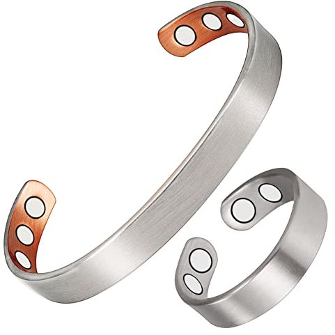 YINOX Magnetisches Kupfer-Armband und Ring-Set für Arthritis, Frauen, Armband für Muttertag, beste Geschenkidee (Silberfarben)