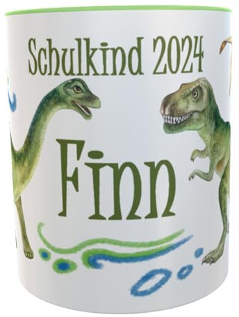 Tasse Schulkind 2025 T-Rex mit Namen zur Einschulung grün Jungen Befüllung Schultüte inkl. Geschenkverpackung