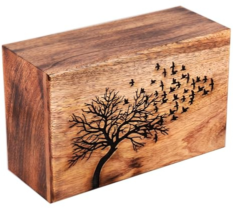 Urna de cremación de madera para cenizas humanas para adultos, caja conmemorativa de madera maciza hecha a mano, diseño de pájaro volador grabado, urna grande de entierro con acabado antiguo, 250 Cu