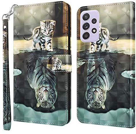 GLANDOTU Handyhülle für Samsung Galaxy A52 / A52S 5G Hülle Klappbar Lederhülle [Standfunktion] [Magnet] Premium Flip PU Leder Schutzhülle Cover Case Samsung A52 Ledertasche (Katze & Tiger)