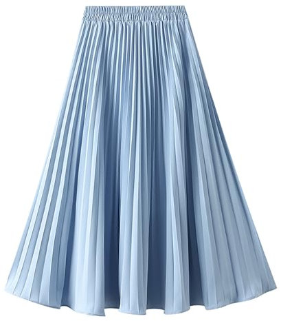 FEOYA Faltenrock Lang für Mädchen Damen Chiffon Plissee Rock Damen Mittellange Midi Faltenröcke Hellblau A Linien Röcke Elastische Hohe Taille Gefaltete Rock Sommer Strandrock Festlich Rock Cocktail