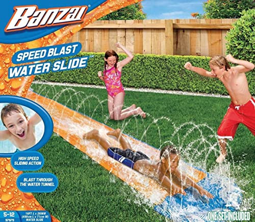 JJ Reveal - Toboggan d'eau de 4,9 m de long | Toboggan gonflable d'été pour enfants | Jouet d'eau avec arroseurs d'eau | Jeux de jardin pour enfants | Facile à installer et à ranger | Piquets inclus