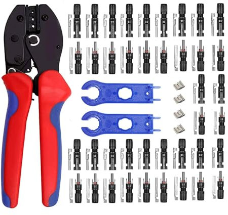 QeeHeng Kit Crimpratura Solare Pinza per Cavo PV a Pannello Solare 2,5/4,0/6,0 mm², 1 pz Crimpatrice Solare, 20 Paia Connettore Cavo Solare Maschio Femmina, 2 pz di chiavi per connettori solari