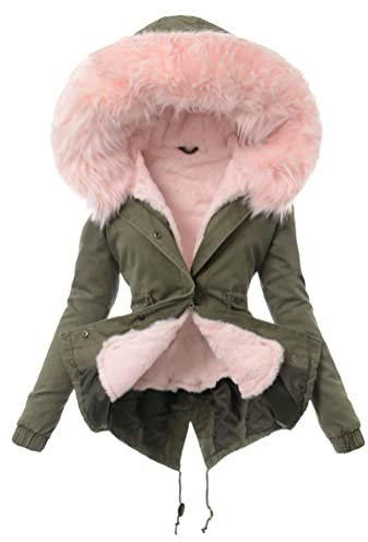 ticticlily Cappotto Donna Invernale Elegante Autunno Lungo Giacca con Cappuccio Foderata Pelliccia Parka con Tasche Faux Fur Coats Spessore Cappotti Slim Trenchcoat Outdoor D Rosa XL