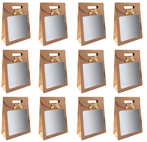12 Stück Kraftpapier Verpackungsbeutel, Geschenktüte mit Fenster, Braun Kraftpapiertüten, für Verpacken von Bankettgeschenken, Keksen und Süßigkeiten