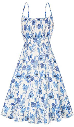 GRACE KARIN Robe de Cocktail Sexy Femme Bretelles Spaghetti A-Ligne Dos Nu Tenue Décontractée Motif Floral L Bleu-Blanc Fleur