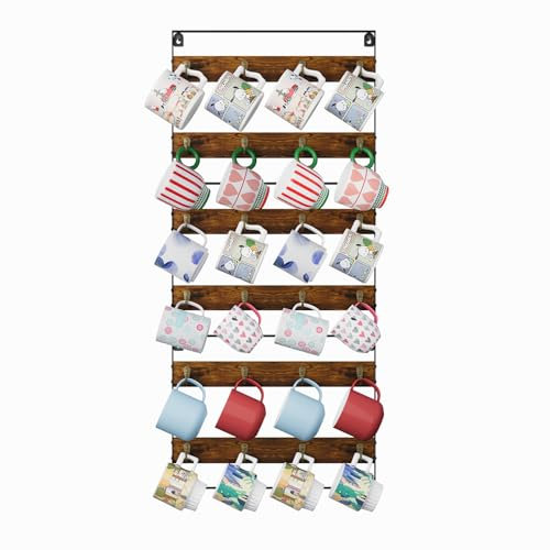 Huxitocan Mug Racks for Wall, Coffee Mug Holder Wall Mount Up to Hold 24 Mugs, Coffee Mug Rack Wall Mounted(3Pack) for Kitchen, Home, Coffee Bar, Rustic Wood and Iron