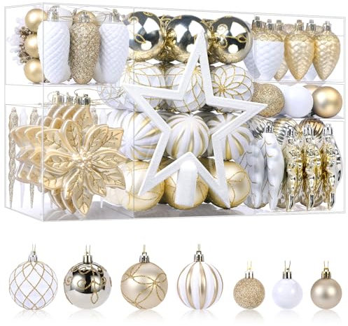 SHareconn Weihnachtskugeln Weihnachtsdeko Set Gold und Weiß 106 STK in 24 Farben, Bruchsichere Weihnachtsschmuck Bälle Dekoration für Weihnachtsbaum, Tolle für Weihnachtsfeier Hochzeit