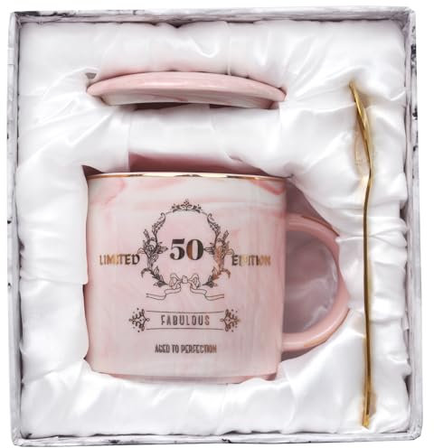 BOKALAKA geschenk zum 50 geburtstag frau, 50. geburtstag frauen 12oz rosa Kaffeetasse, 50. Geburtstag Geschenk für Frauen für Freundin/Mutter/Schwester/Kollegen, mit Geschenkbox