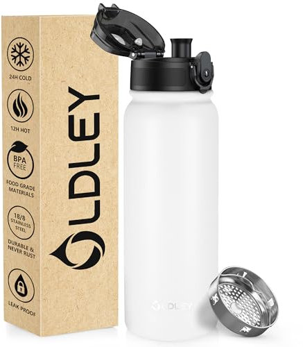 OLDLEY Botella agua acero inoxidable 600ml/20oz Termo Doble Metal pared Que Mantiene la Bebida Caliente y Fría, a Prueba Fugas, sin BPA, con Aislamiento para Deportes Trabajo Senderismo (Blanco)
