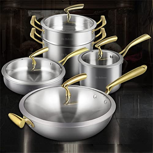 BONOOL 304 Edelstahl Continental 9-teiliges Küchenutensilien-Set Dampfgarer Wok Milchpfanne Bratpfanne Küche Kochgeschirr Kochgeschirr Kit (Farbe: A, Größe